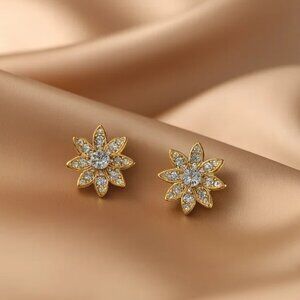Gold Flower Stud Earrings with Crystal Petals – Elegant Dainty Womem's Jewelry